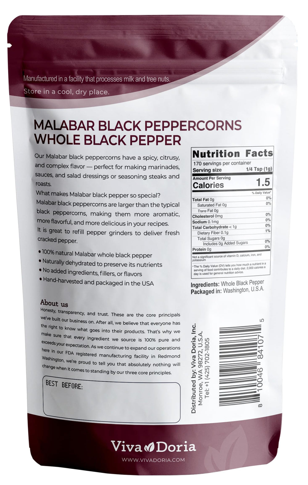Viva Doria Malabar peppercorn close-up highlights bold earthy aroma and peppery kick.
