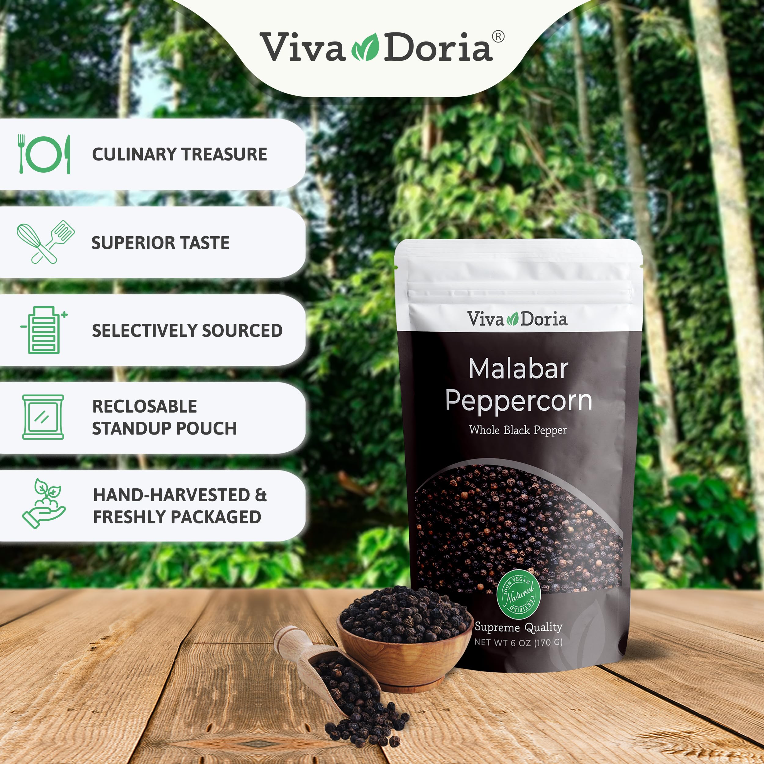 Viva Doria Malabar peppercorn packaging shows resealable pouch for convenient storage.