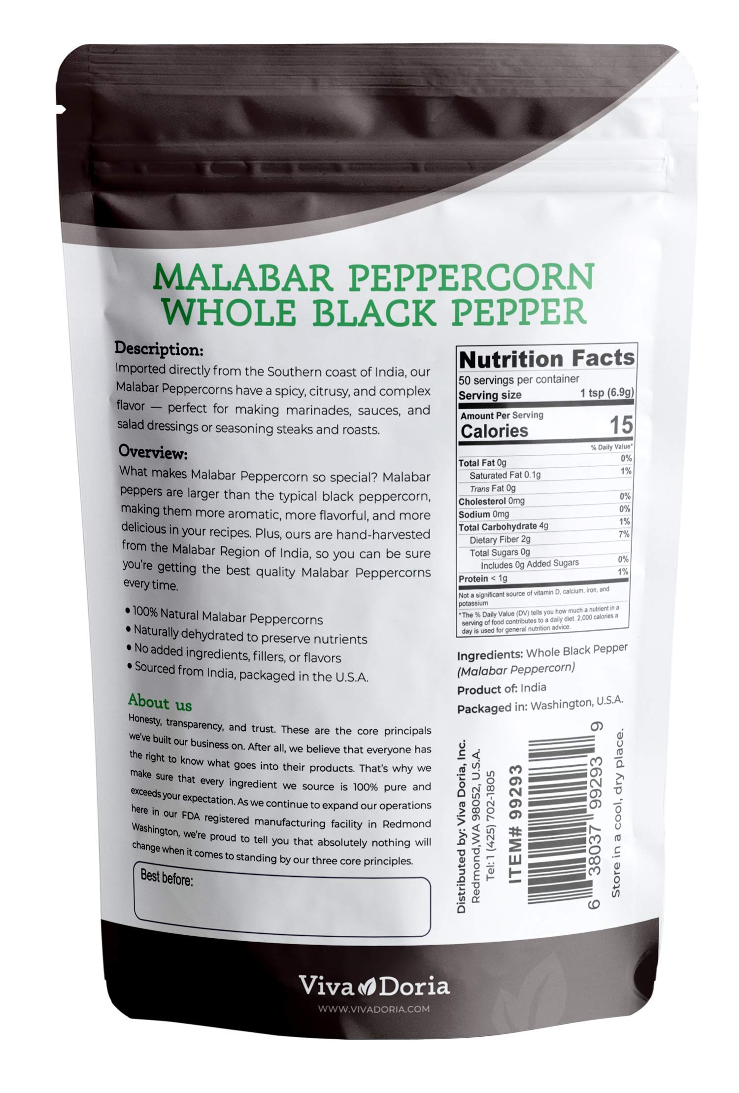 Viva Doria Malabar peppercorns for grinder refill, convenient fresh grind.