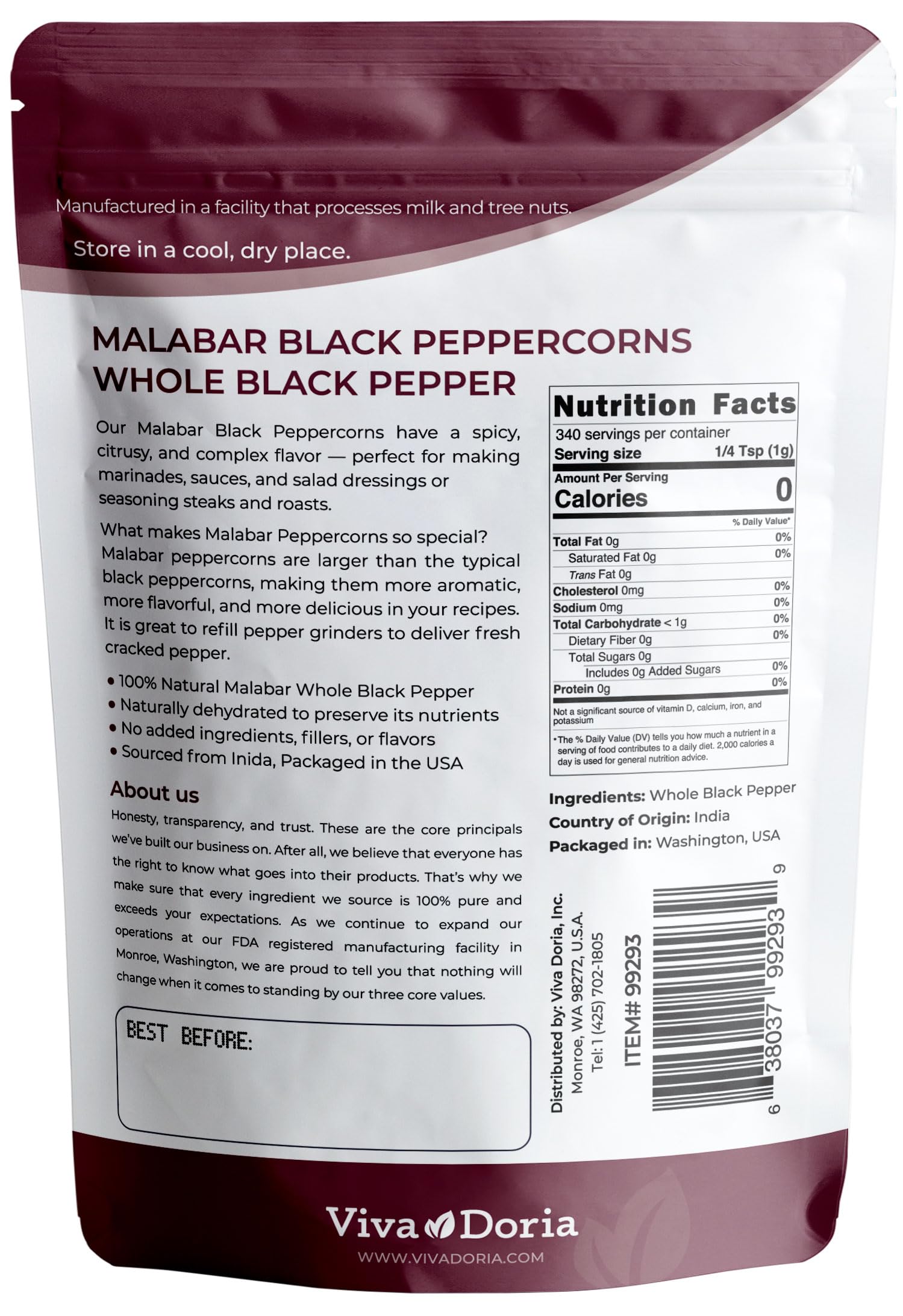 Viva Doria Malabar peppercorns in a standup pouch for fresh daily seasoning.