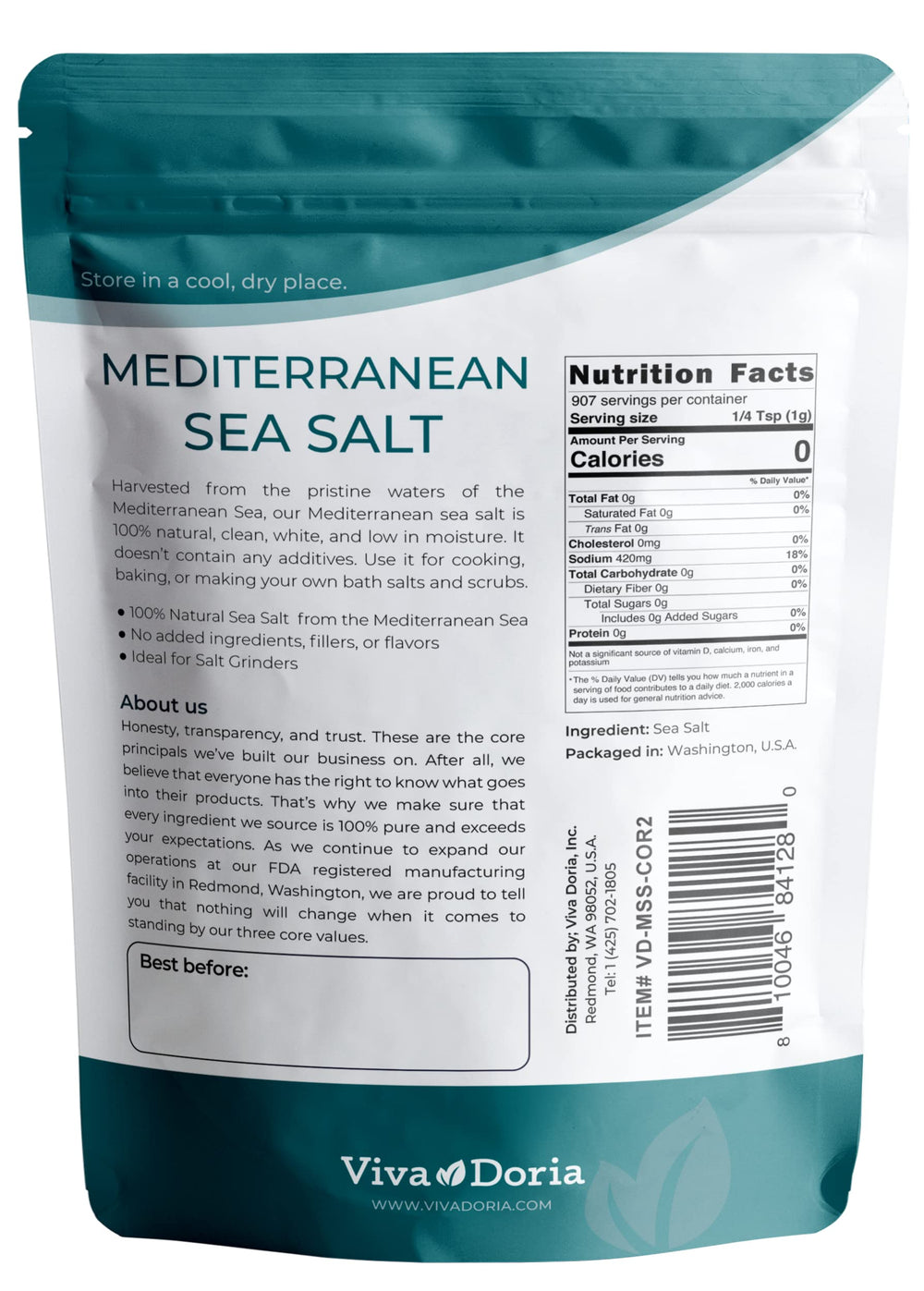 Viva Doria coarse salt crystals beside a spoon, ideal for seasoning meats and vegetables.