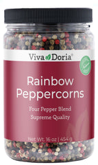 Viva Doria Rainbow Blend Peppercorns in a bottle show vibrant colors for gourmet seasoning.