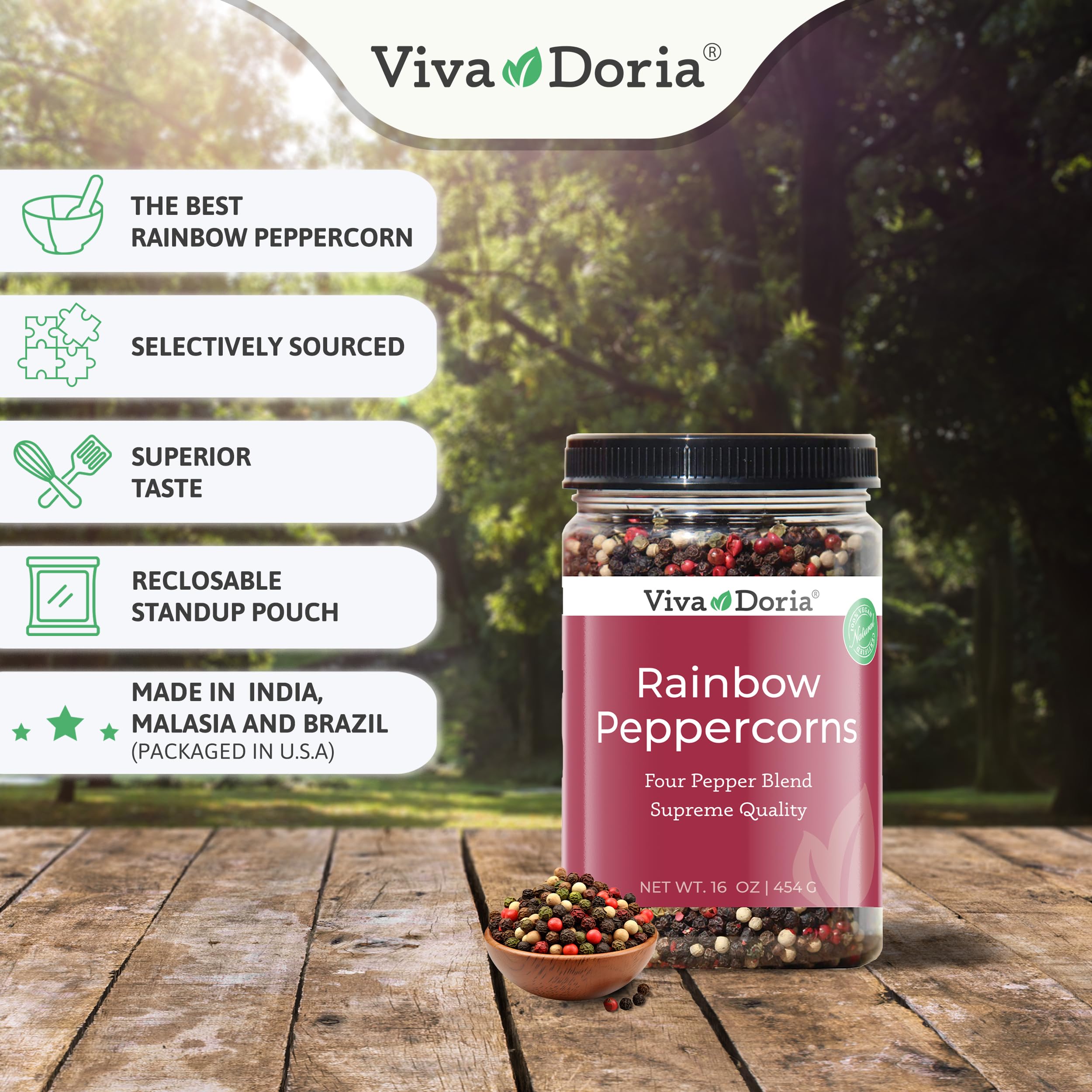 Viva Doria Rainbow Blend packaging emphasizes international sourcing and convenient storage.