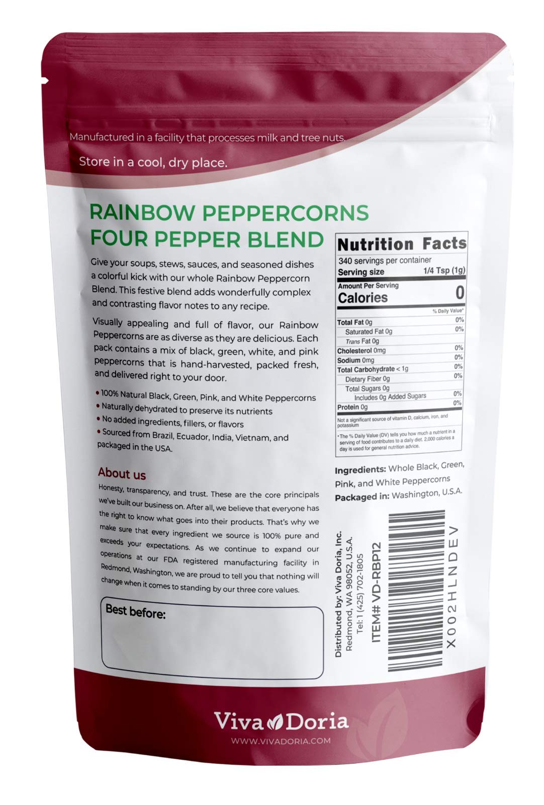 Viva Doria Rainbow Peppercorns Blend shown ready for grinding to enhance meals.