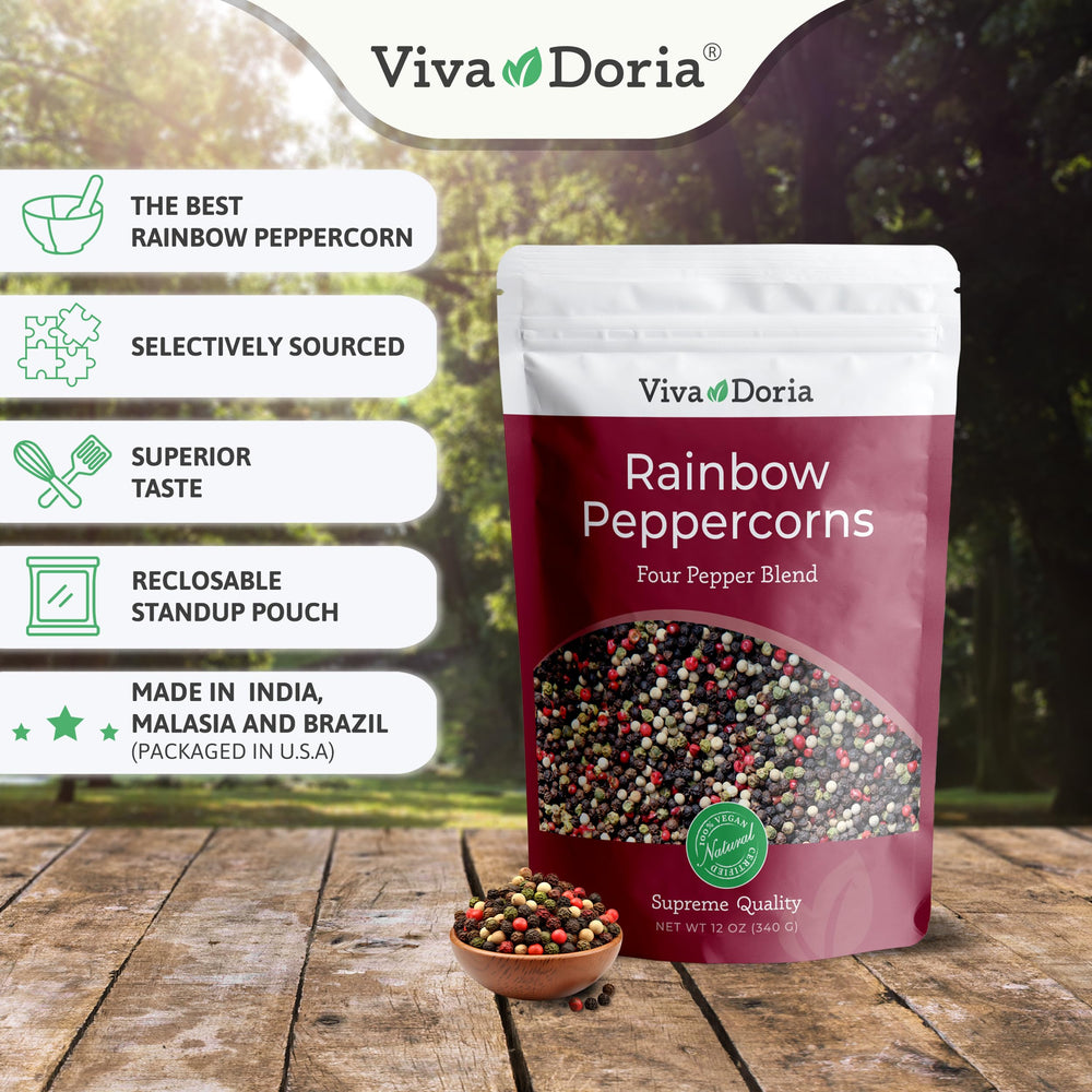 Viva Doria Rainbow Peppercorns in jar ready for everyday grinding.