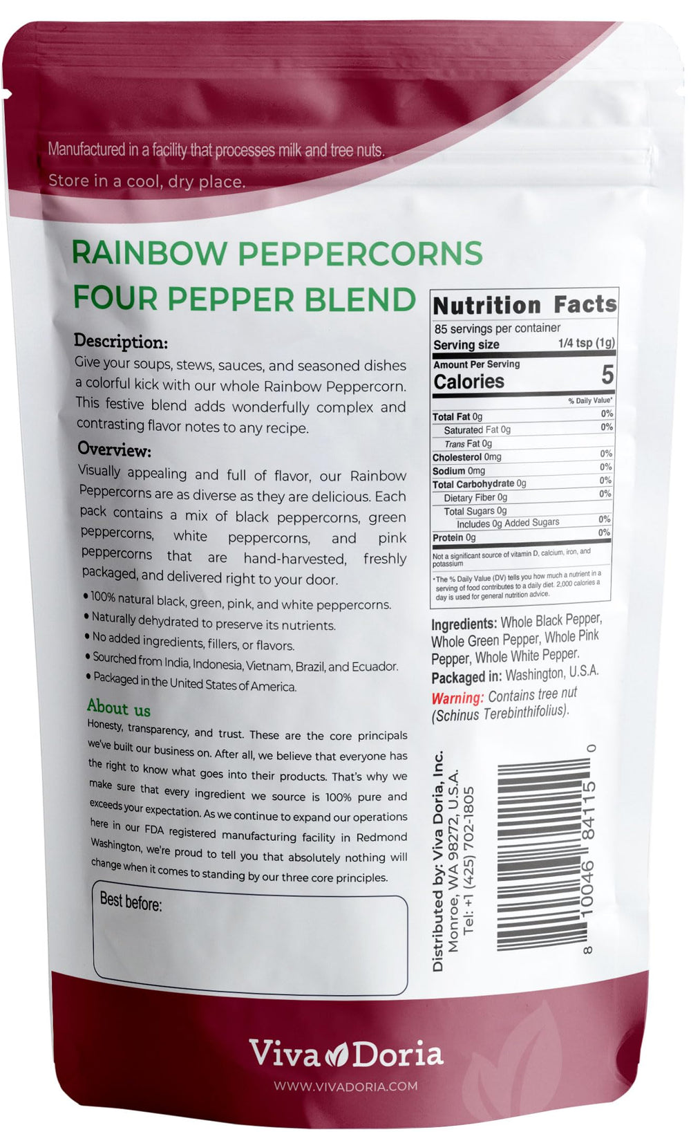 Viva Doria Rainbow Peppercorns reclosable pouch preserves freshness for everyday use