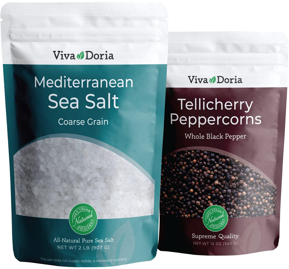 Viva Doria Tellicherry peppercorn bag for bold fresh grind.