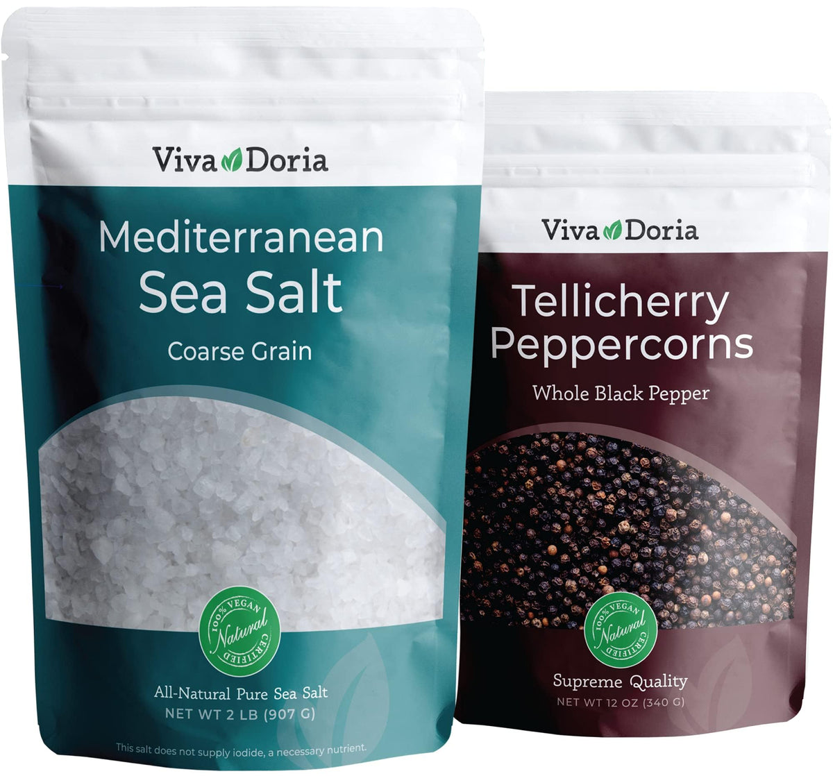 Viva Doria Tellicherry peppercorn bag for bold fresh grind.
