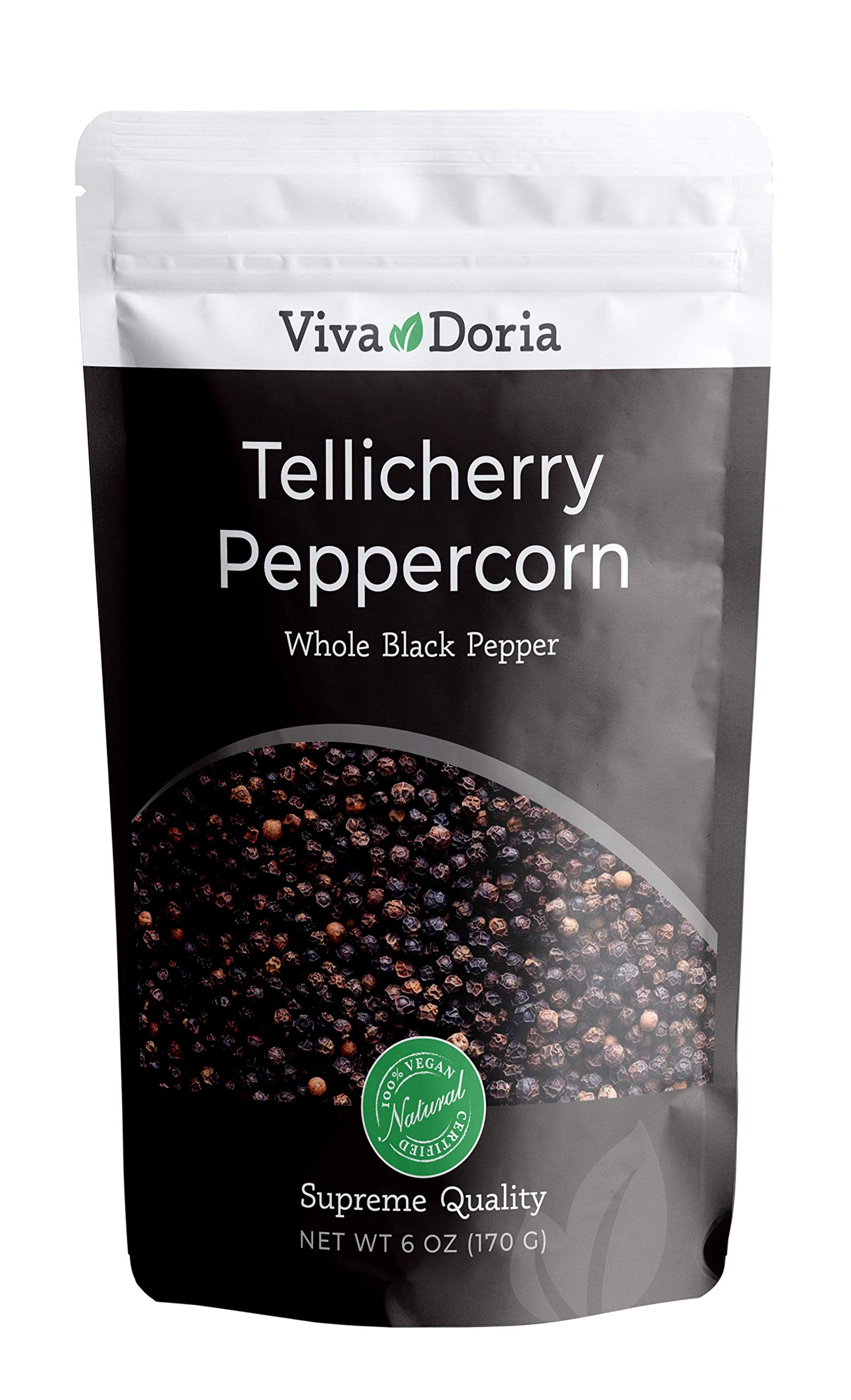 Viva Doria Tellicherry peppercorns close-up, highlighting large size and vibrant citrus aroma for rich flavor.