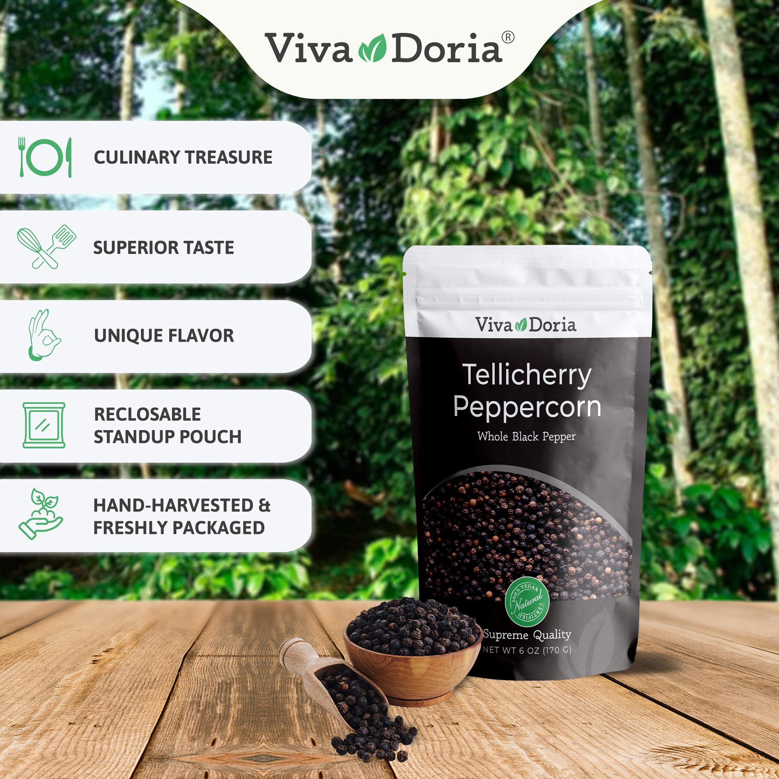 Viva Doria Tellicherry peppercorns in resealable pouch, ready for grinder refills and fresh seasoning.