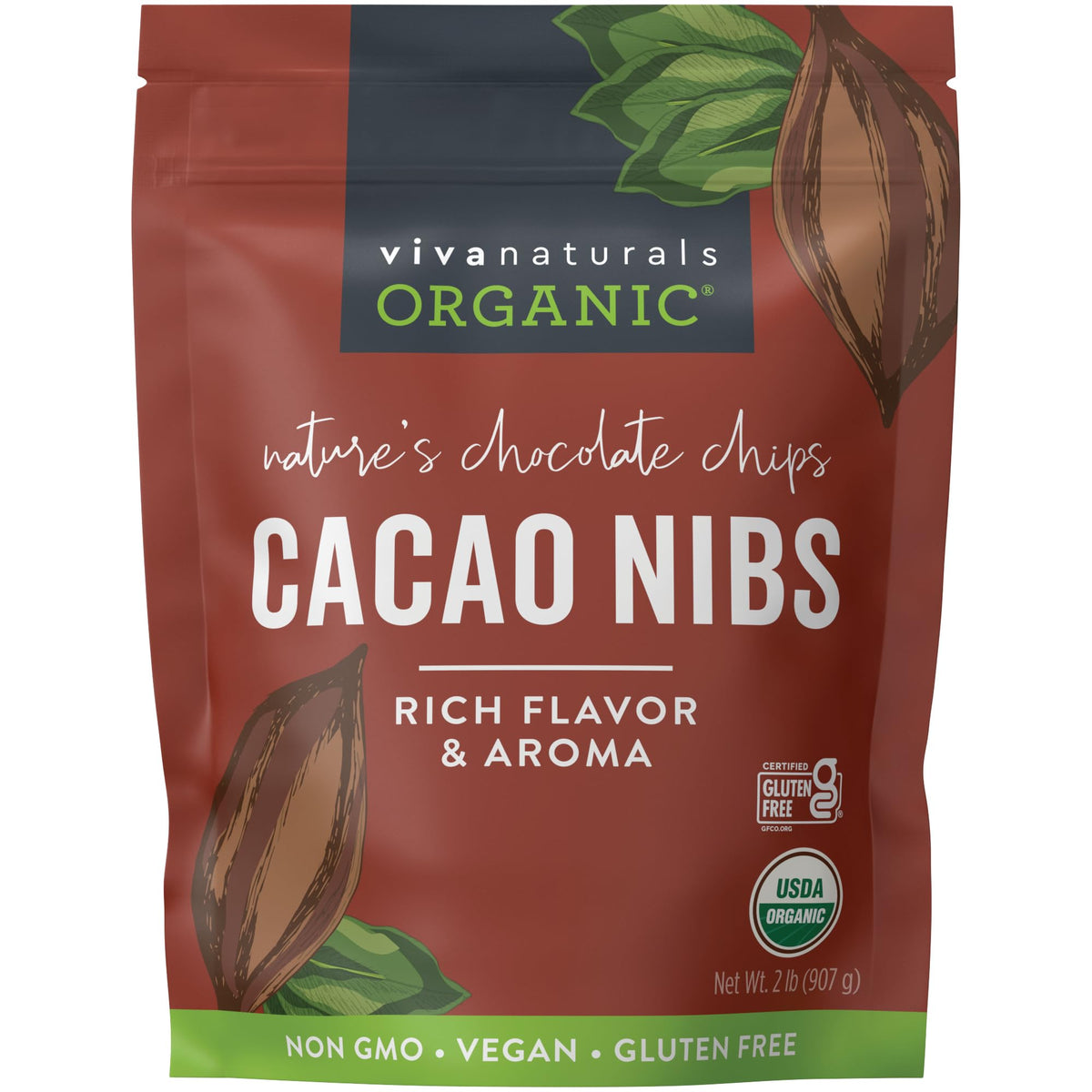 Viva Naturals cacao nibs unsweetened packaging with organic certification.