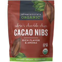 Viva Naturals cacao nibs unsweetened packaging with organic certification.