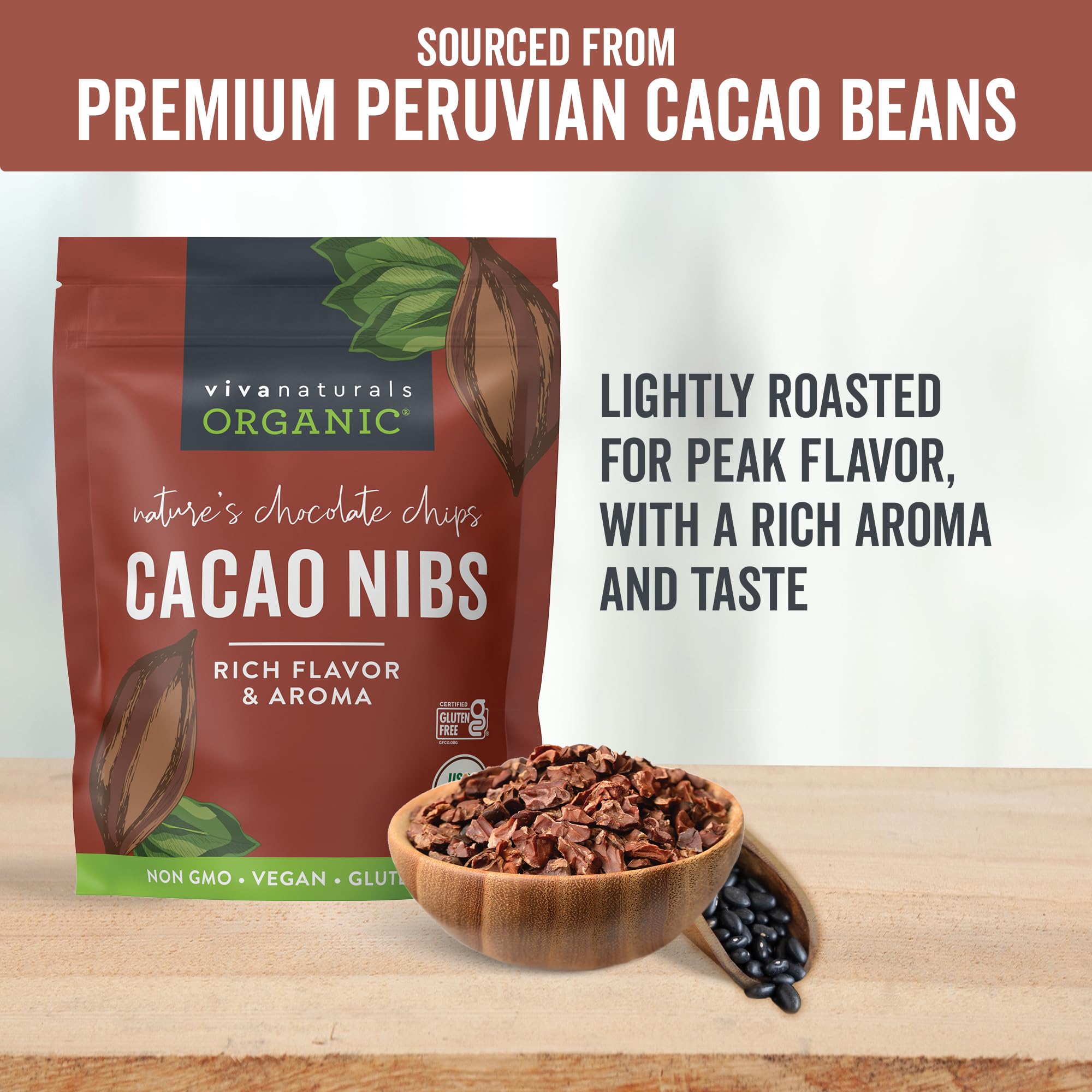Viva Naturals cacao nibs in a bowl show deep cocoa crunch.