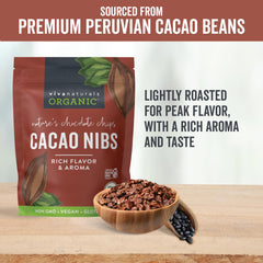 Viva Naturals cacao nibs in a bowl show deep cocoa crunch.