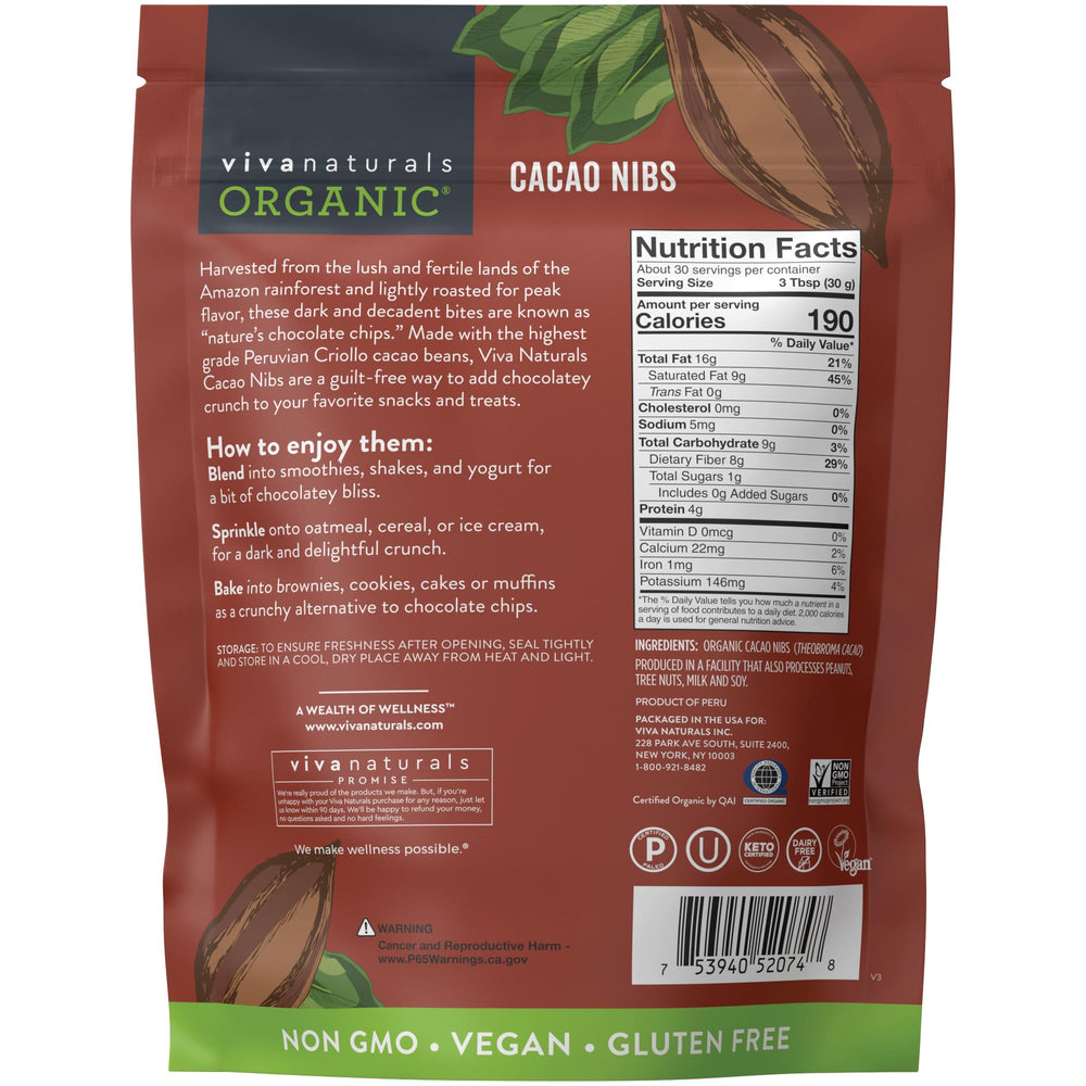 Viva Naturals cacao nibs from Peruvian beans deliver genuine cacao flavor.