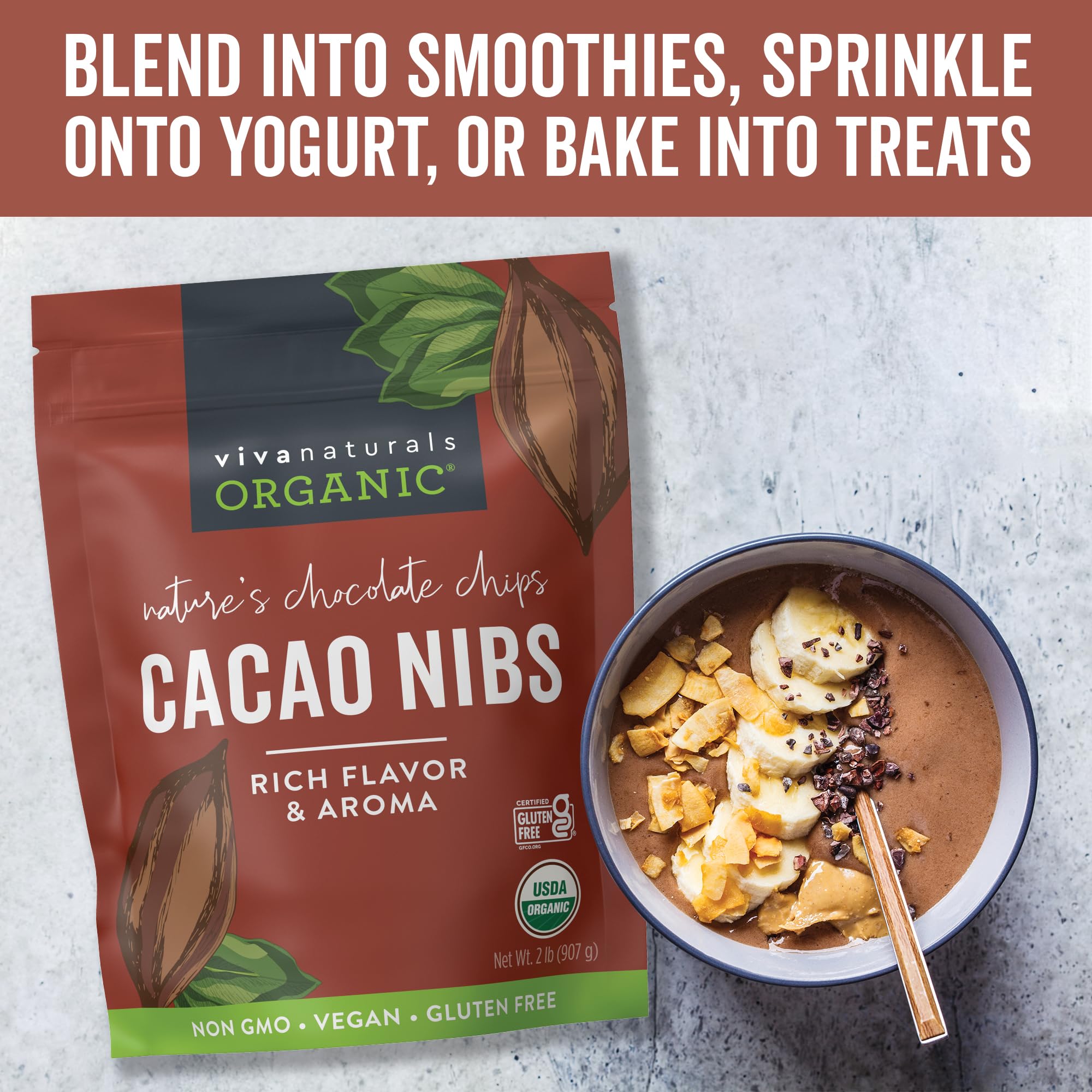 Viva Naturals cacao nibs in smoothie mix add depth.