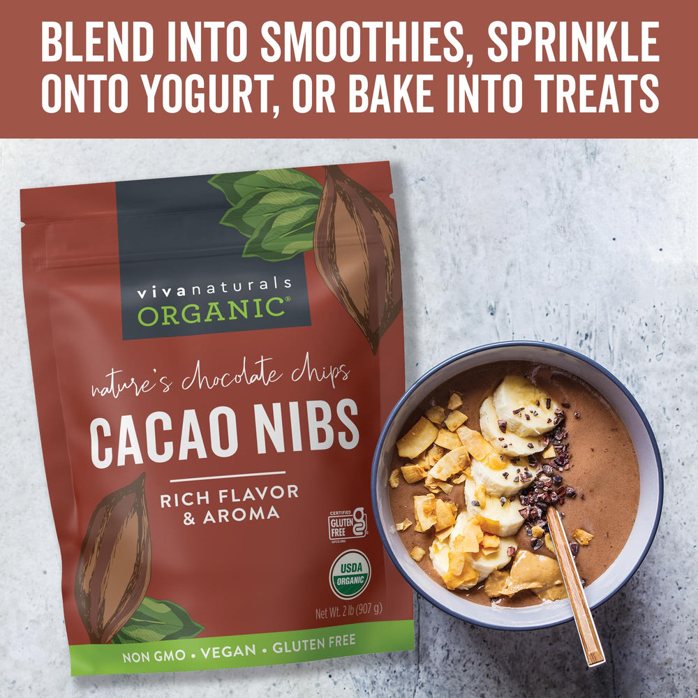 Viva Naturals cacao nibs in smoothie mix add depth.