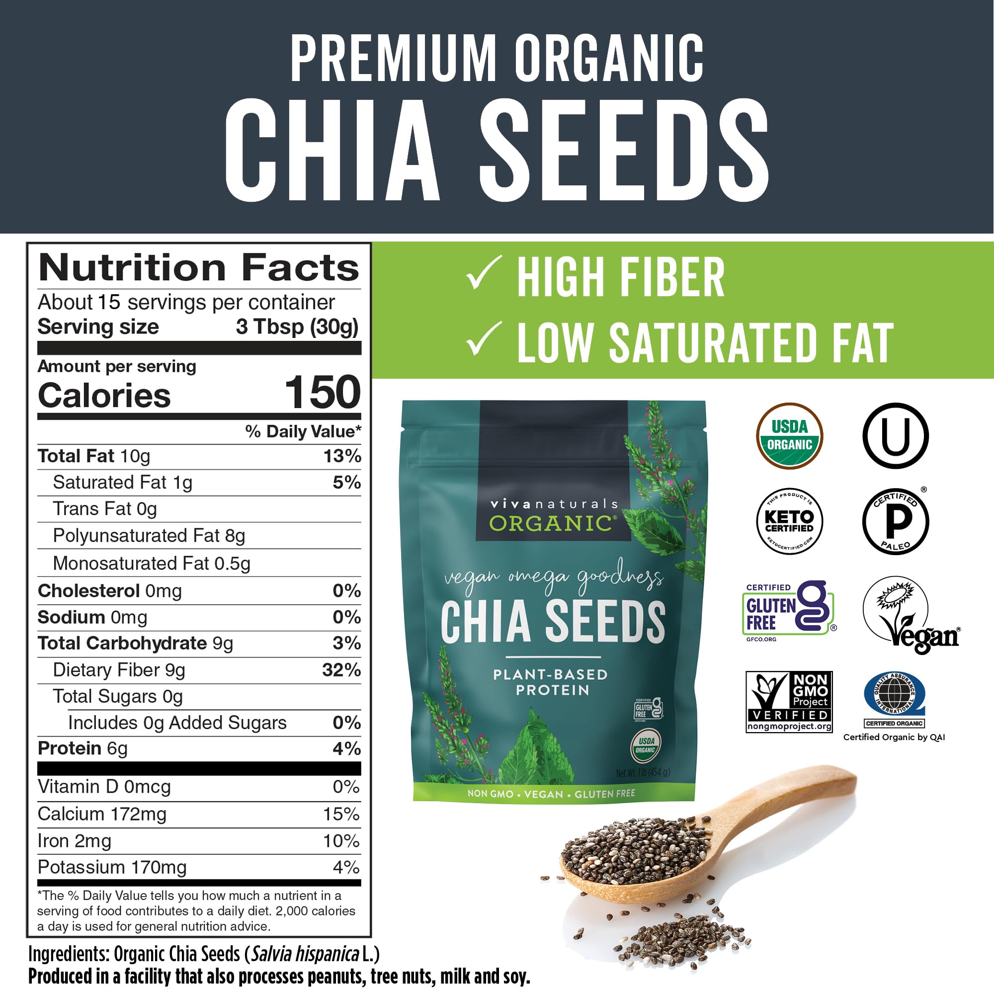 Viva Naturals chia seeds pouring into bowl to enrich smoothies