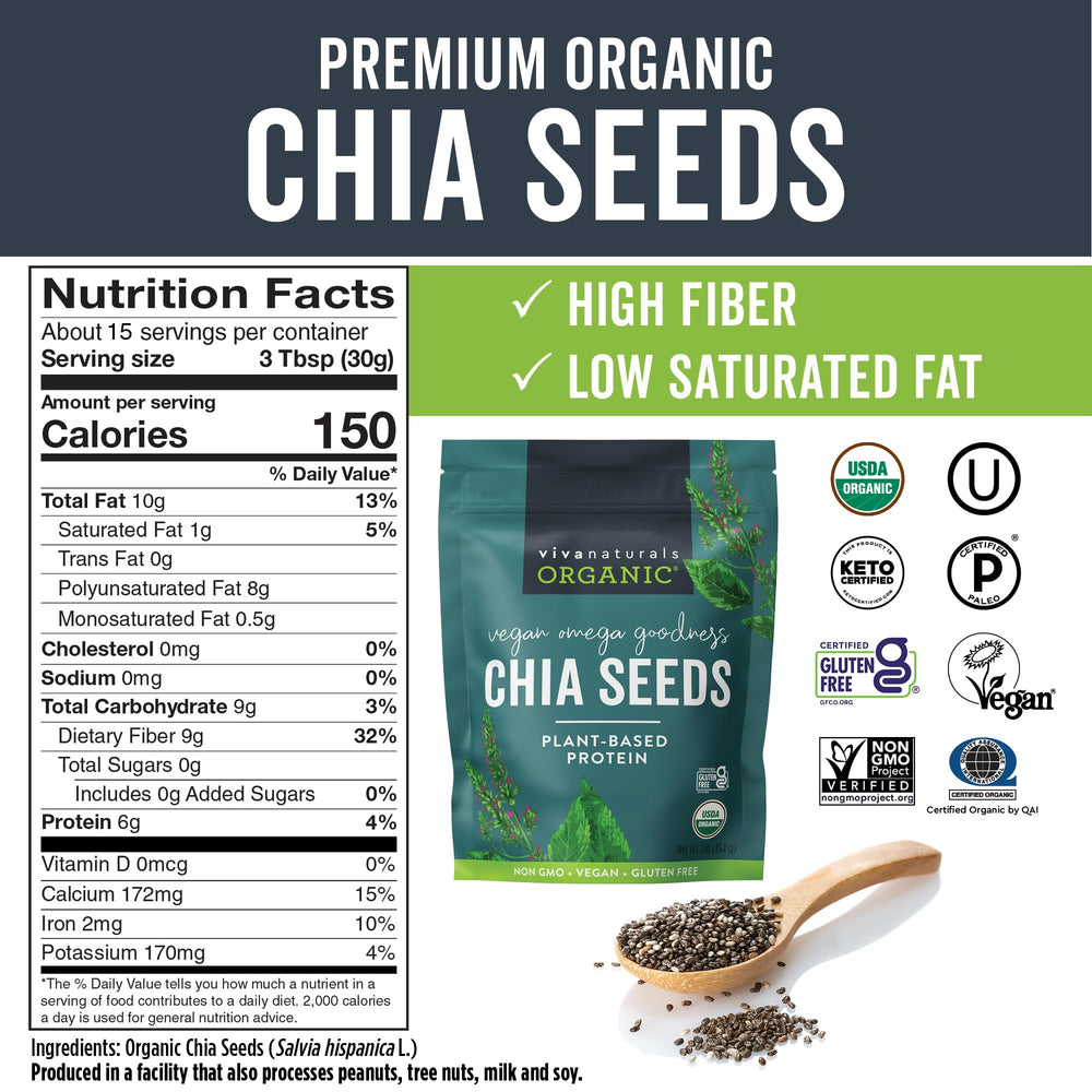 Viva Naturals chia seeds pouring into bowl to enrich smoothies