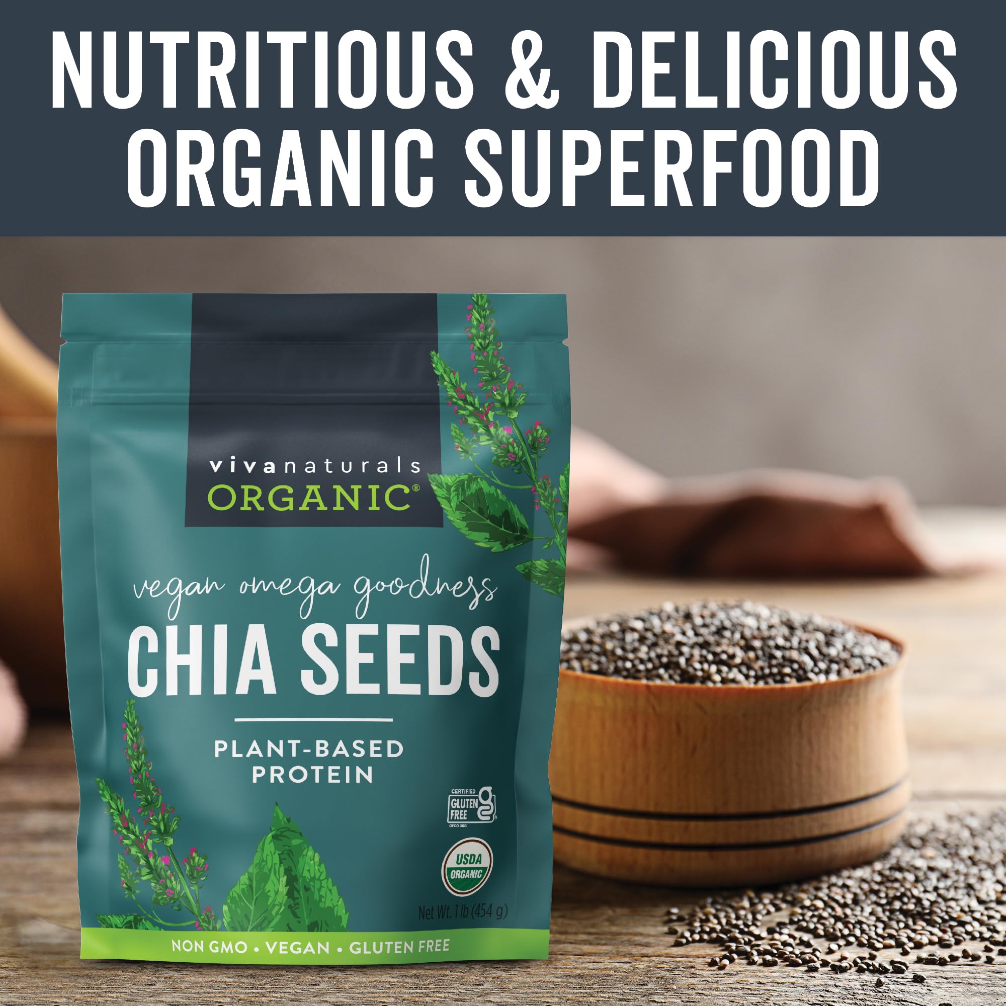 Viva Naturals chia seeds beside spoon ready for topping yogurt or oats