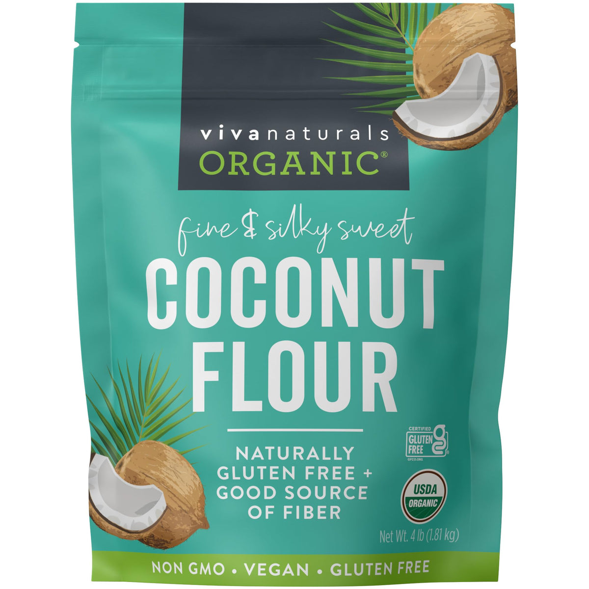 Viva Naturals Coconut Flour bag pour highlights gluten-free baking versatility and clean ingredients.