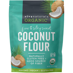 Viva Naturals Coconut Flour bag pour highlights gluten-free baking versatility and clean ingredients.