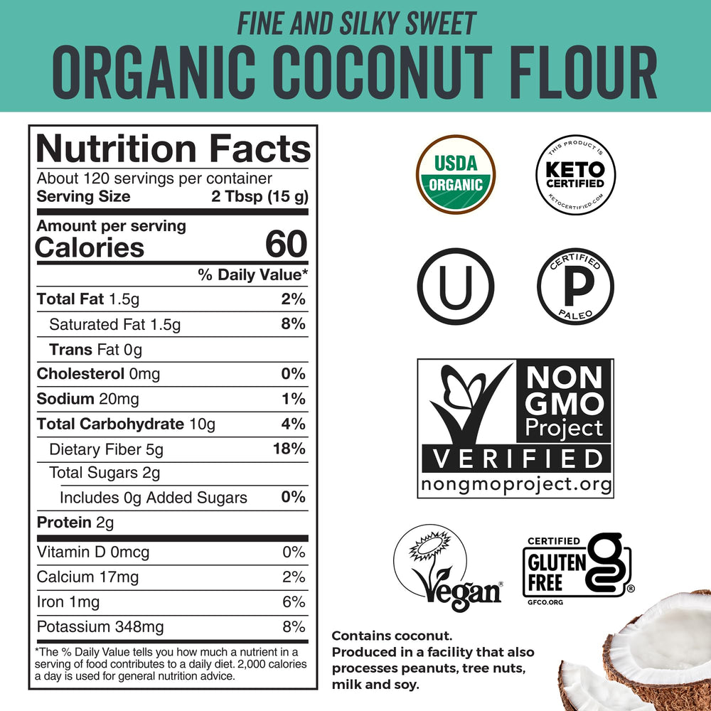 Viva Naturals Coconut Flour fine sift reveals a silky texture ideal for fluffy keto pancakes.