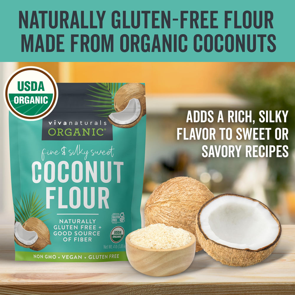 Viva Naturals Coconut Flour measuring cups illustrate simple 1:4 substitution for wheat flour.
