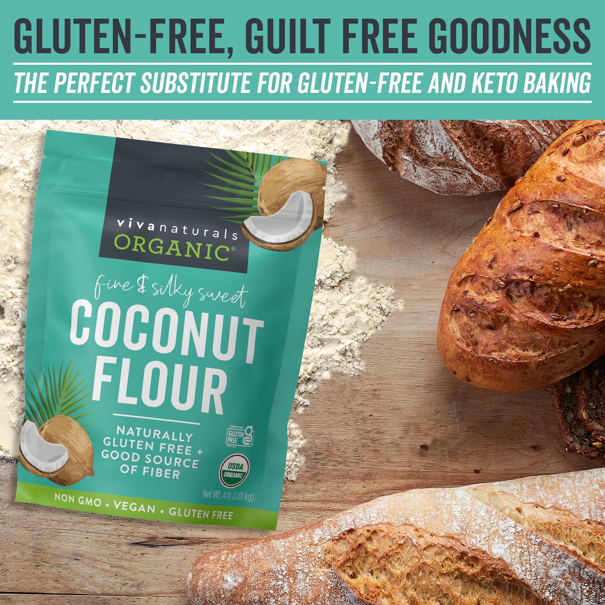 Viva Naturals Coconut Flour pancake batter scene shows light, airy results for breakfast.
