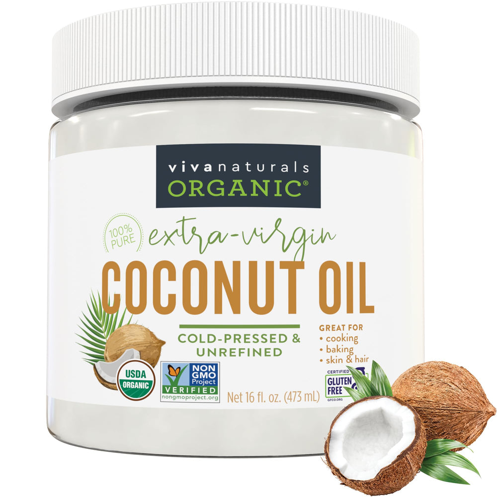 Viva Naturals coconut oil bottle front displays unrefined organic quality