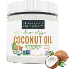 Viva Naturals coconut oil bottle front displays unrefined organic quality