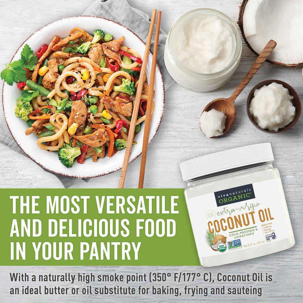 Viva Naturals coconut oil kitchen scene emphasizes everyday versatility