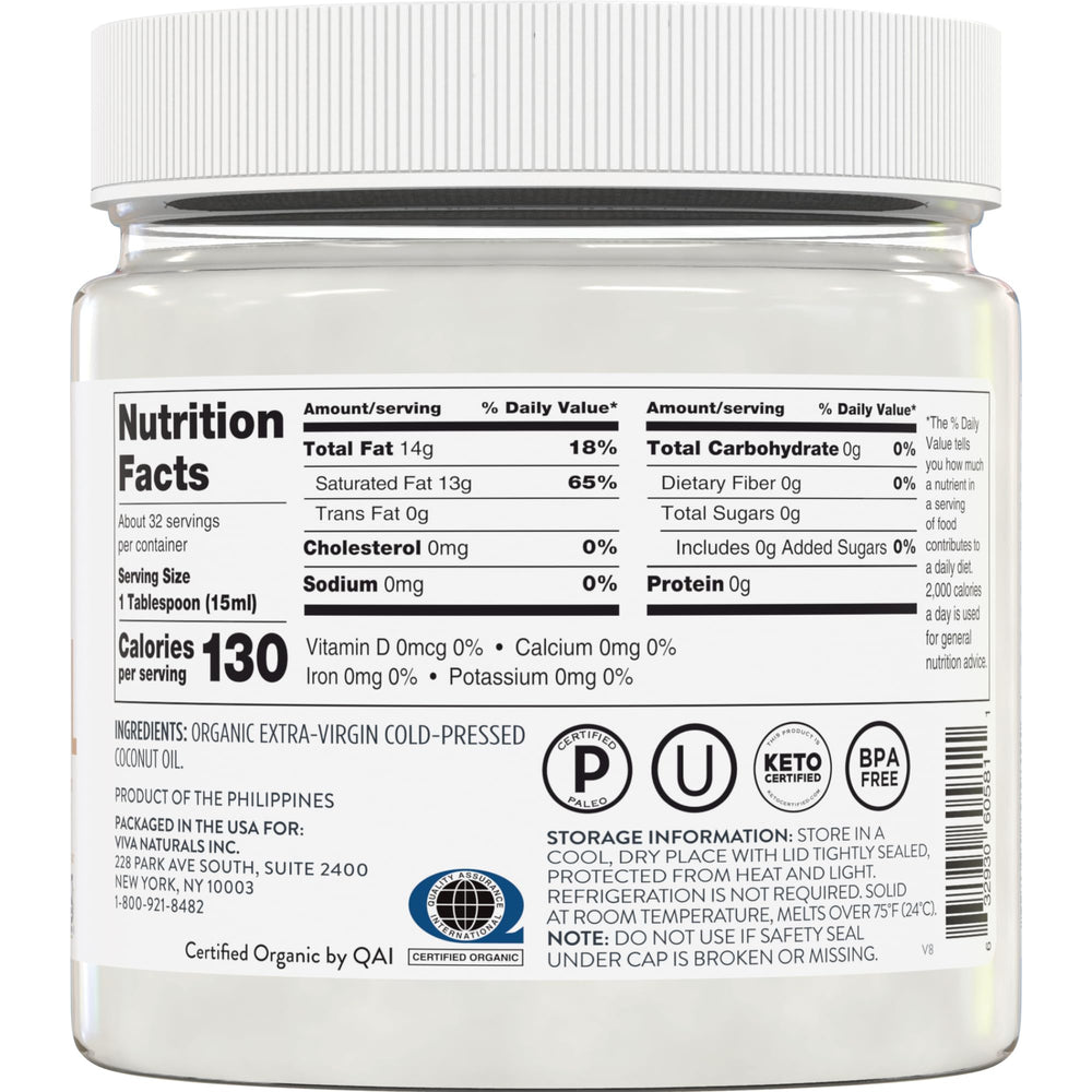 Viva Naturals coconut oil label closeup shows USDA Organic certification