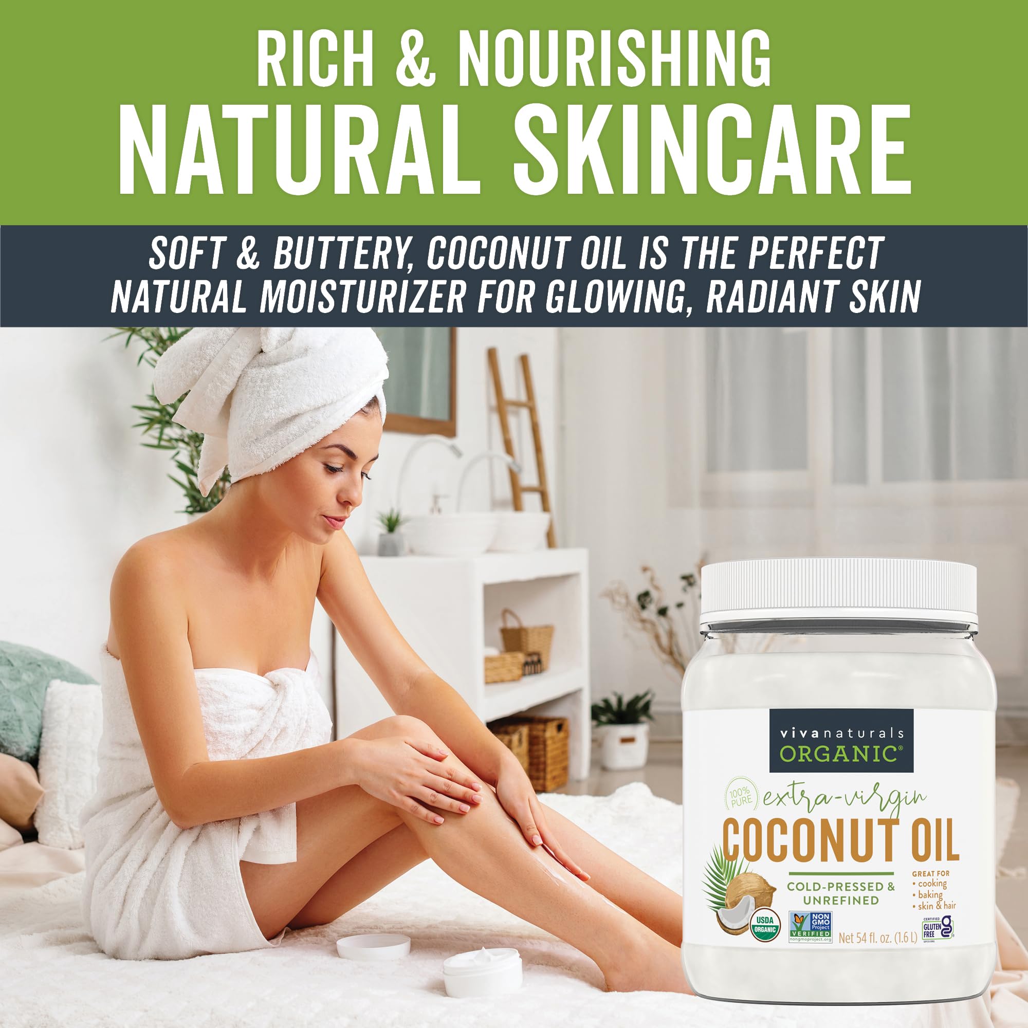 Viva Naturals coconut oil on skin, smooth and hydrated.