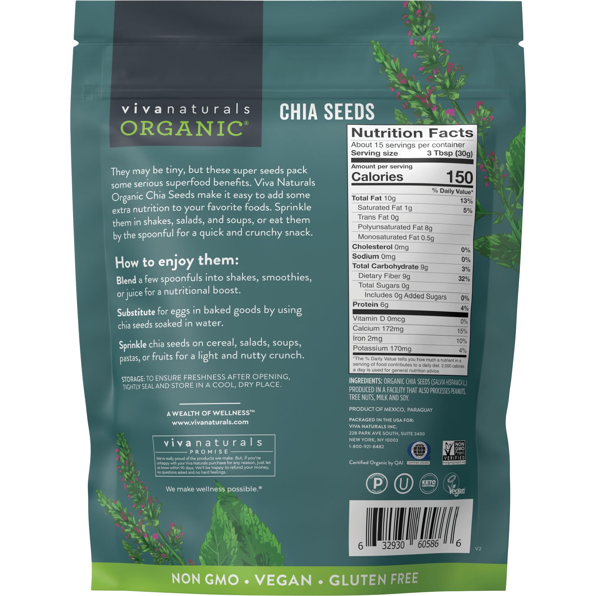 Viva Naturals chia seeds packaging displays Organic and Non-GMO certification
