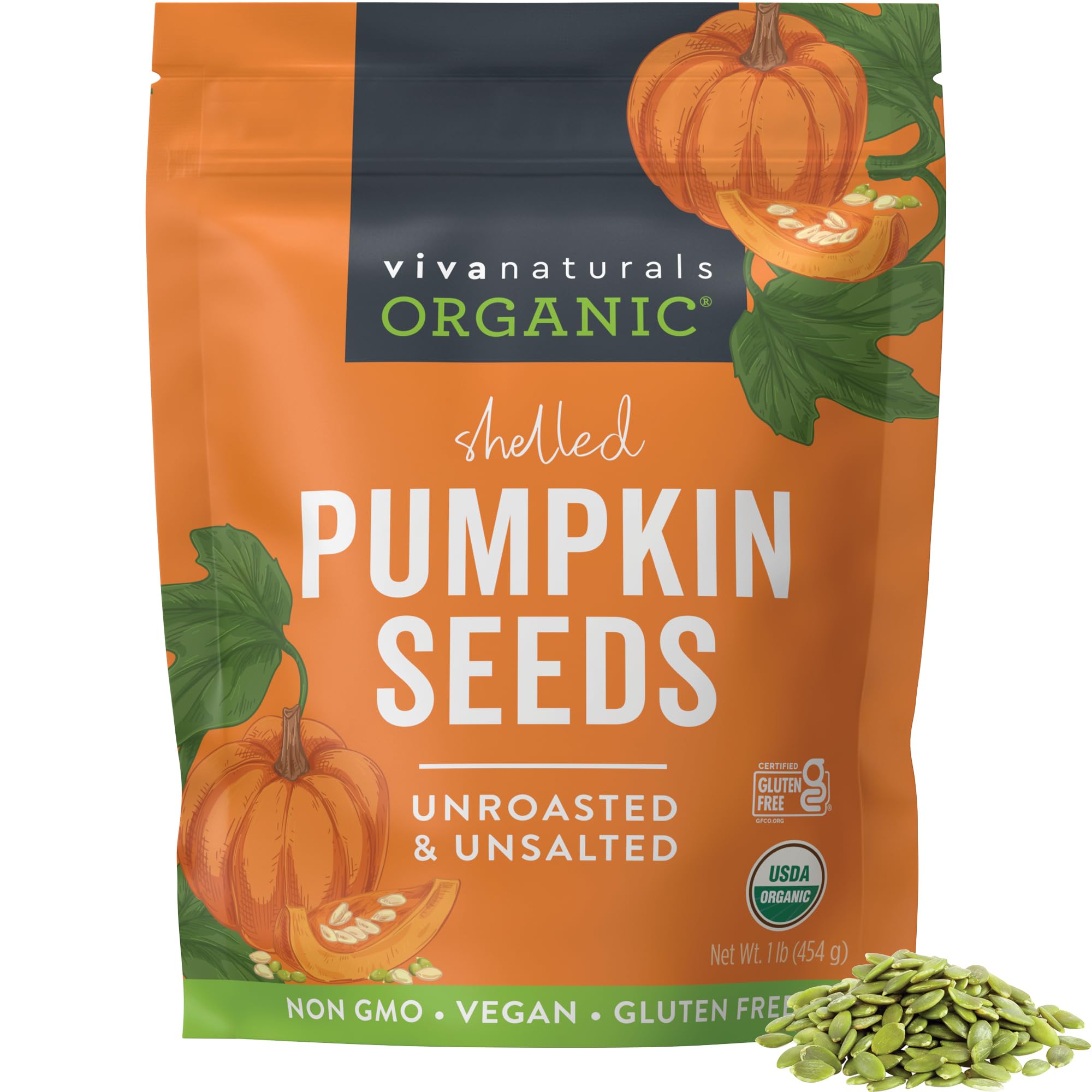 Viva Naturals pumpkin seeds in a resealable bag, a versatile snack with fiber and iron.