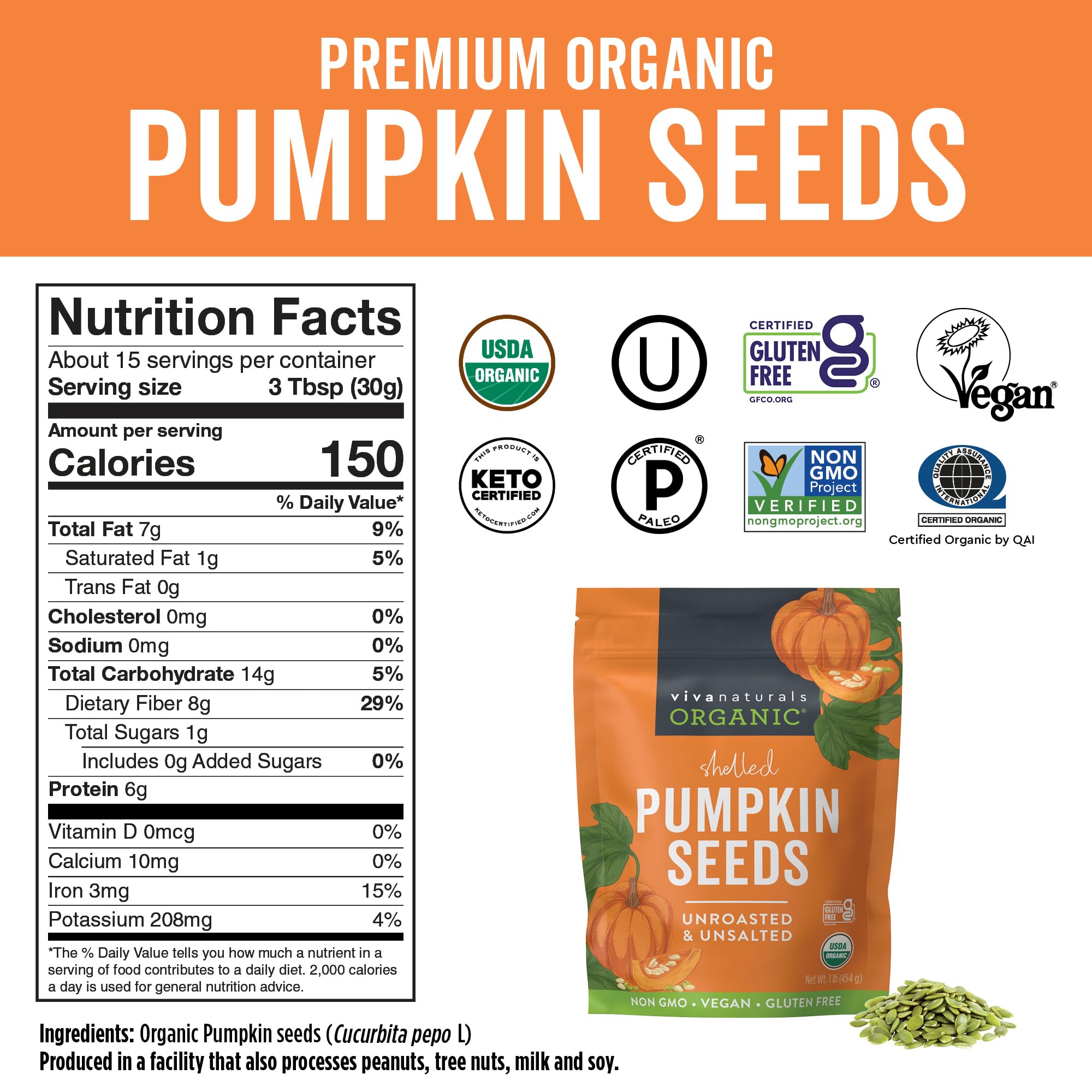 Viva Naturals pumpkin seeds shelled, ideal for salads or yogurt toppings.
