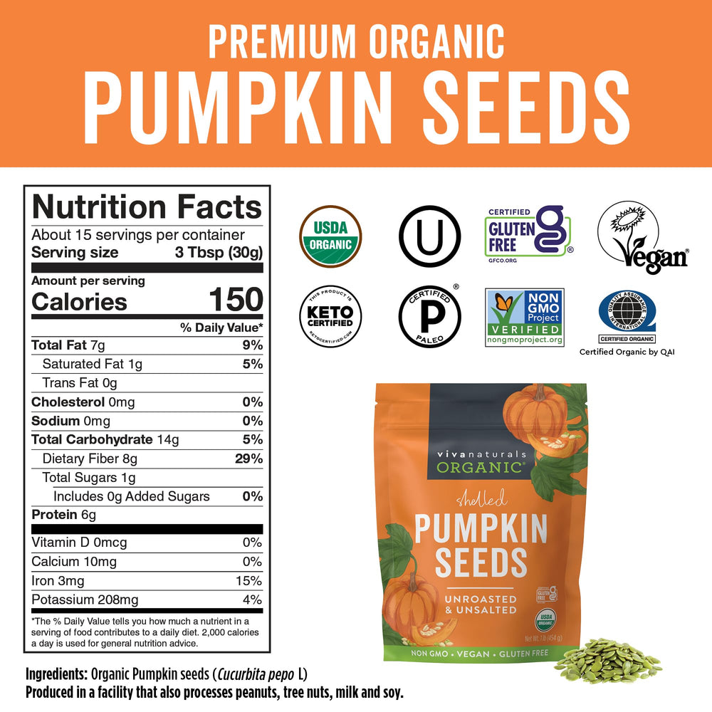 Viva Naturals pumpkin seeds shelled, ideal for salads or yogurt toppings.