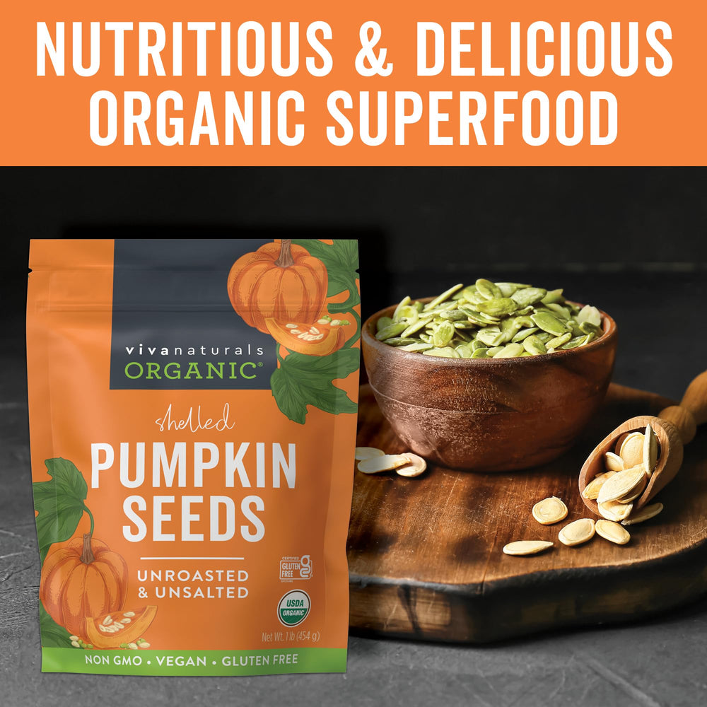 Viva Naturals pumpkin seeds unroasted, perfect for on-the-go protein boosts.