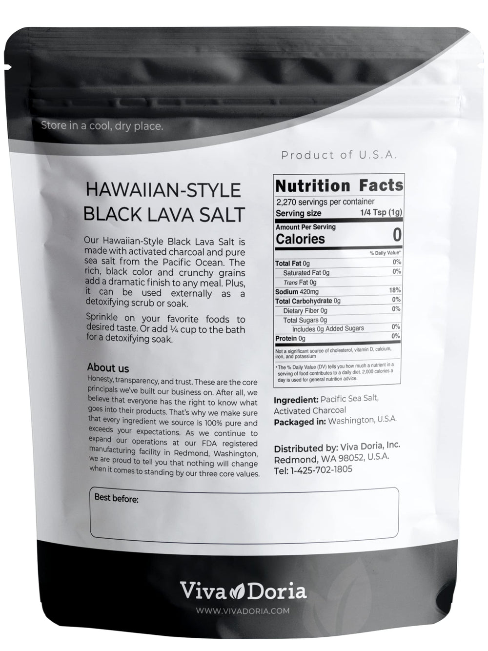 Viva Doria lava salt crystals close-up highlighting smoky depth and earthy aroma.