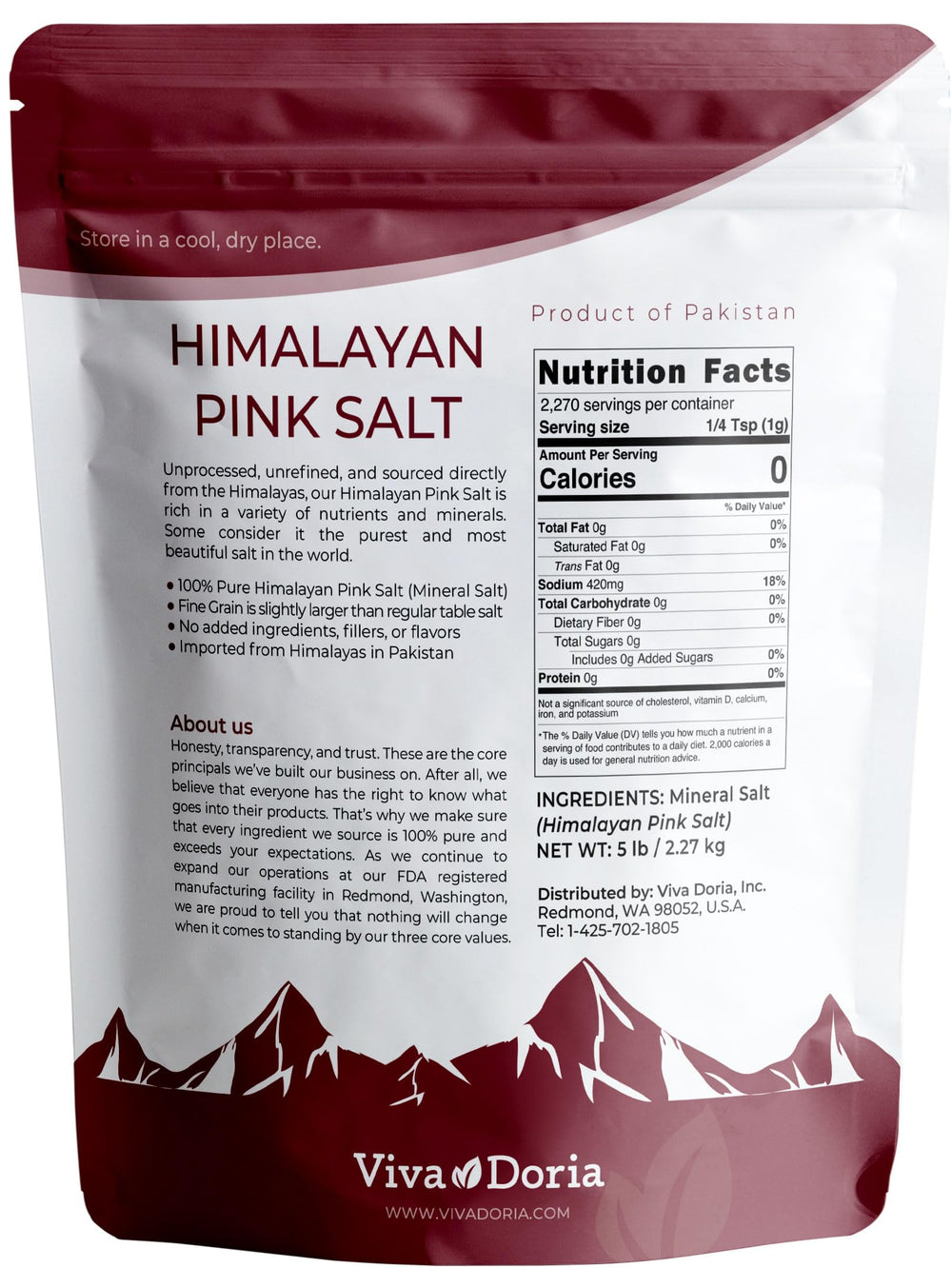Close-up of Viva Doria Himalayan Pink Salt crystals showing natural pink color.
