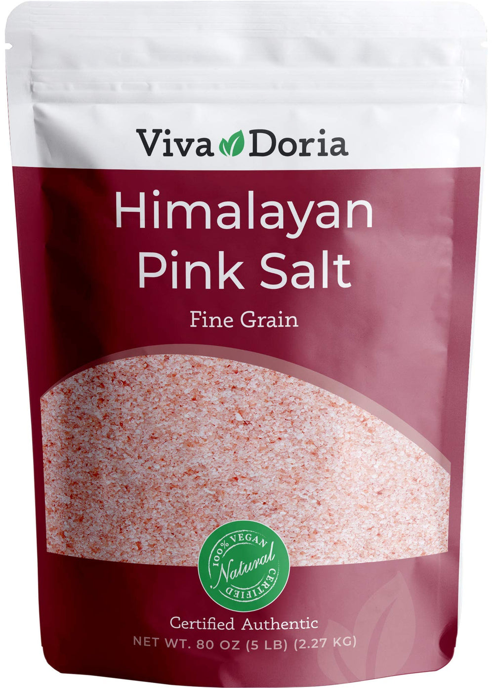 Viva Doria Himalayan Pink Salt in a reclosable pouch ready for easy seasoning.
