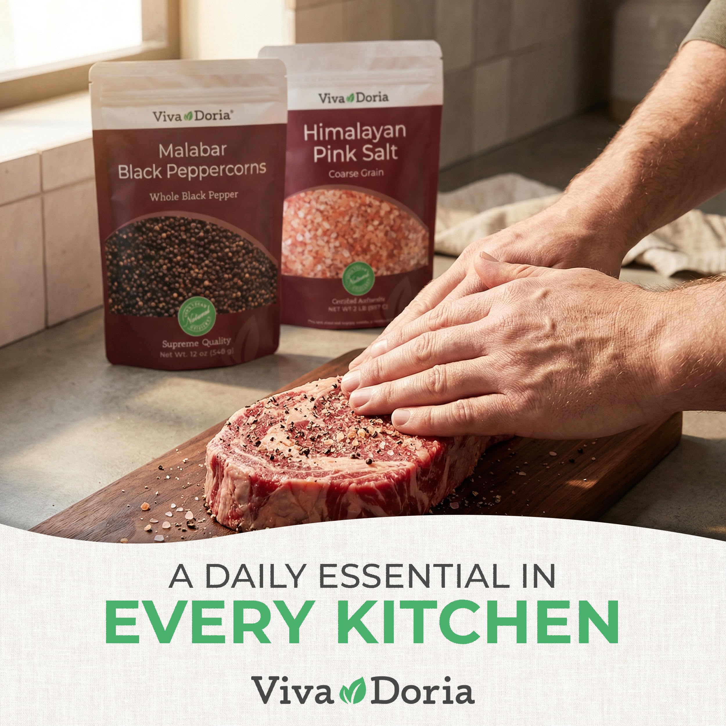Viva Doria Himalayan pink salt in resealable standup pouch.