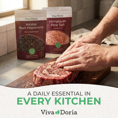 Viva Doria Himalayan pink salt in resealable standup pouch.
