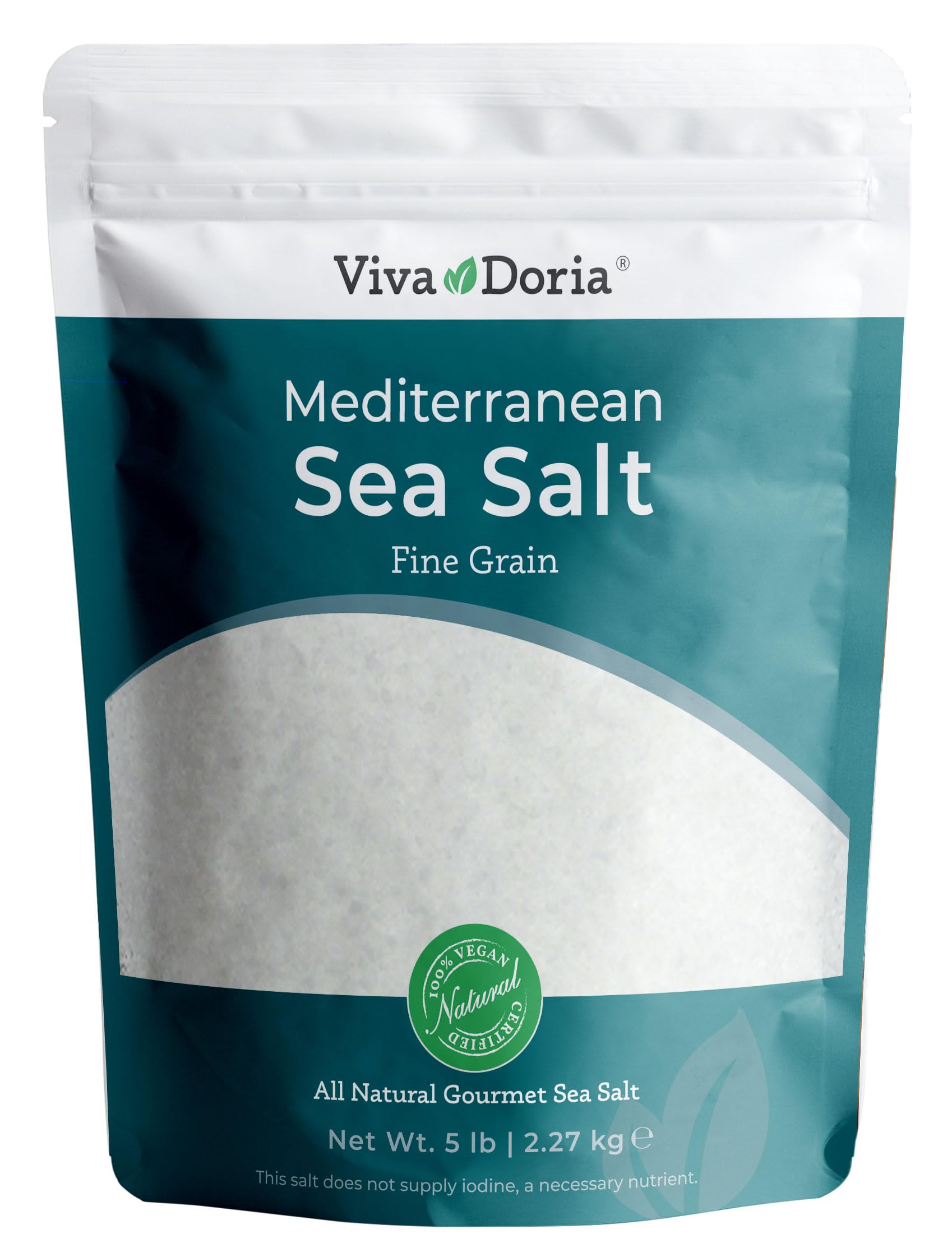 Viva Doria Mediterranean Sea Salt crystals in a glass bottle for gourmet seasoning.
