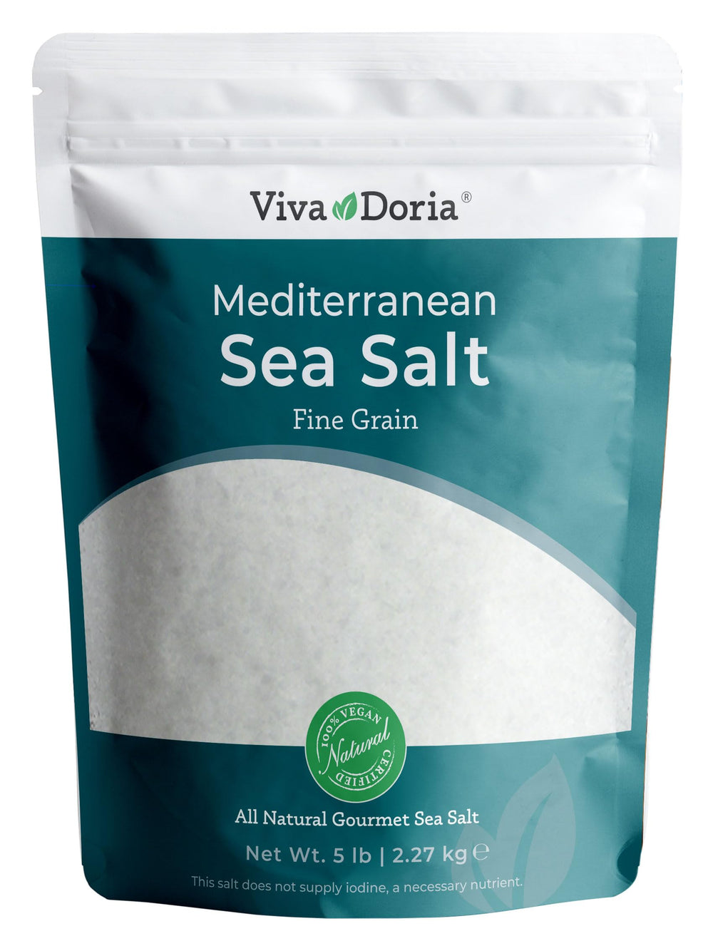 Viva Doria Mediterranean Sea Salt crystals in a glass bottle for gourmet seasoning.