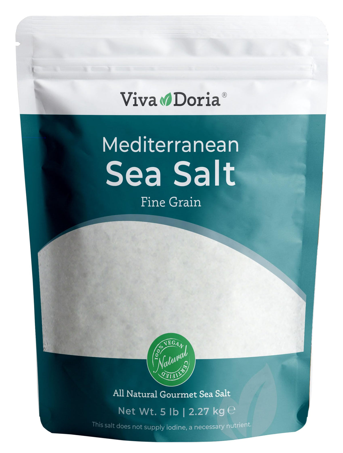 Viva Doria Mediterranean Sea Salt crystals in a glass bottle for gourmet seasoning.