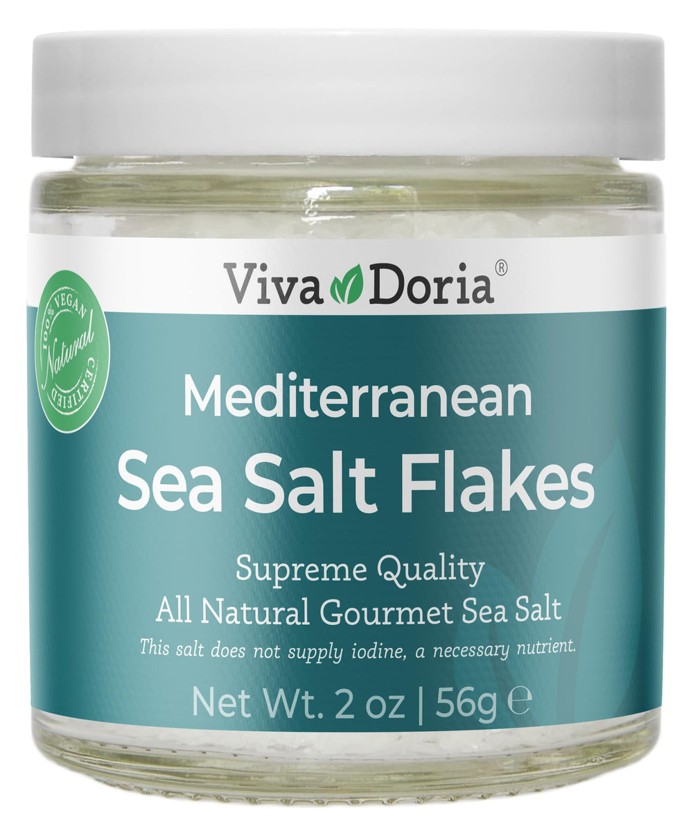 Viva Doria Mediterranean sea salt flakes bottle close-up shows delicate crystals for finishing dishes.