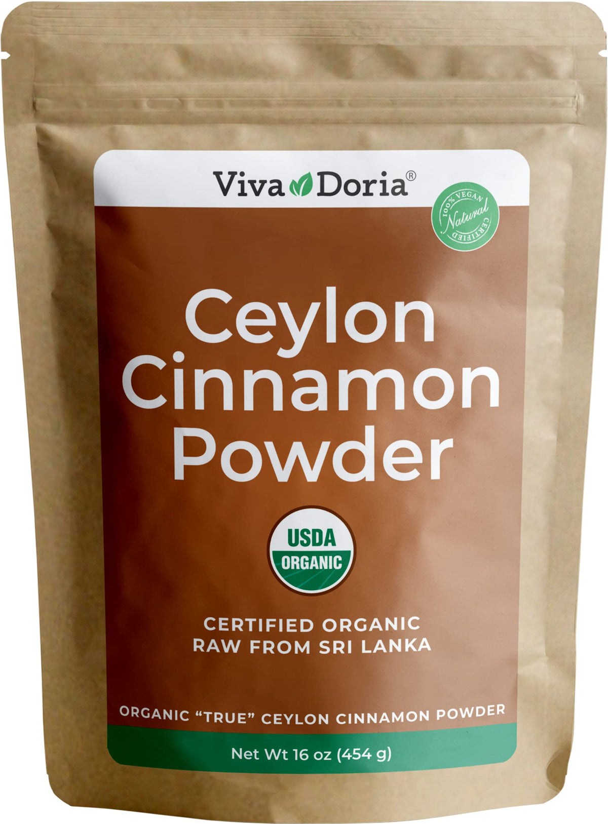 Viva Doria Organic Ceylon Cinnamon Powder bottle, highlighting rich aroma for baking and beverages.