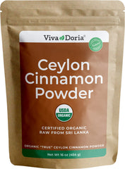 Viva Doria Organic Ceylon Cinnamon Powder bottle, highlighting rich aroma for baking and beverages.